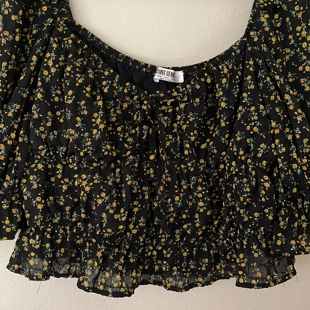 Floral Black Ruched Crop Women's Top Size 18 - Picture 6 of 9